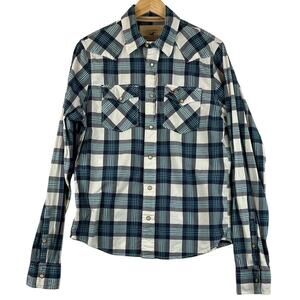 Hollister Western‎ Shirt Mens Medium Blue White Plaid Pearl Snap Cowboy Rodeo M